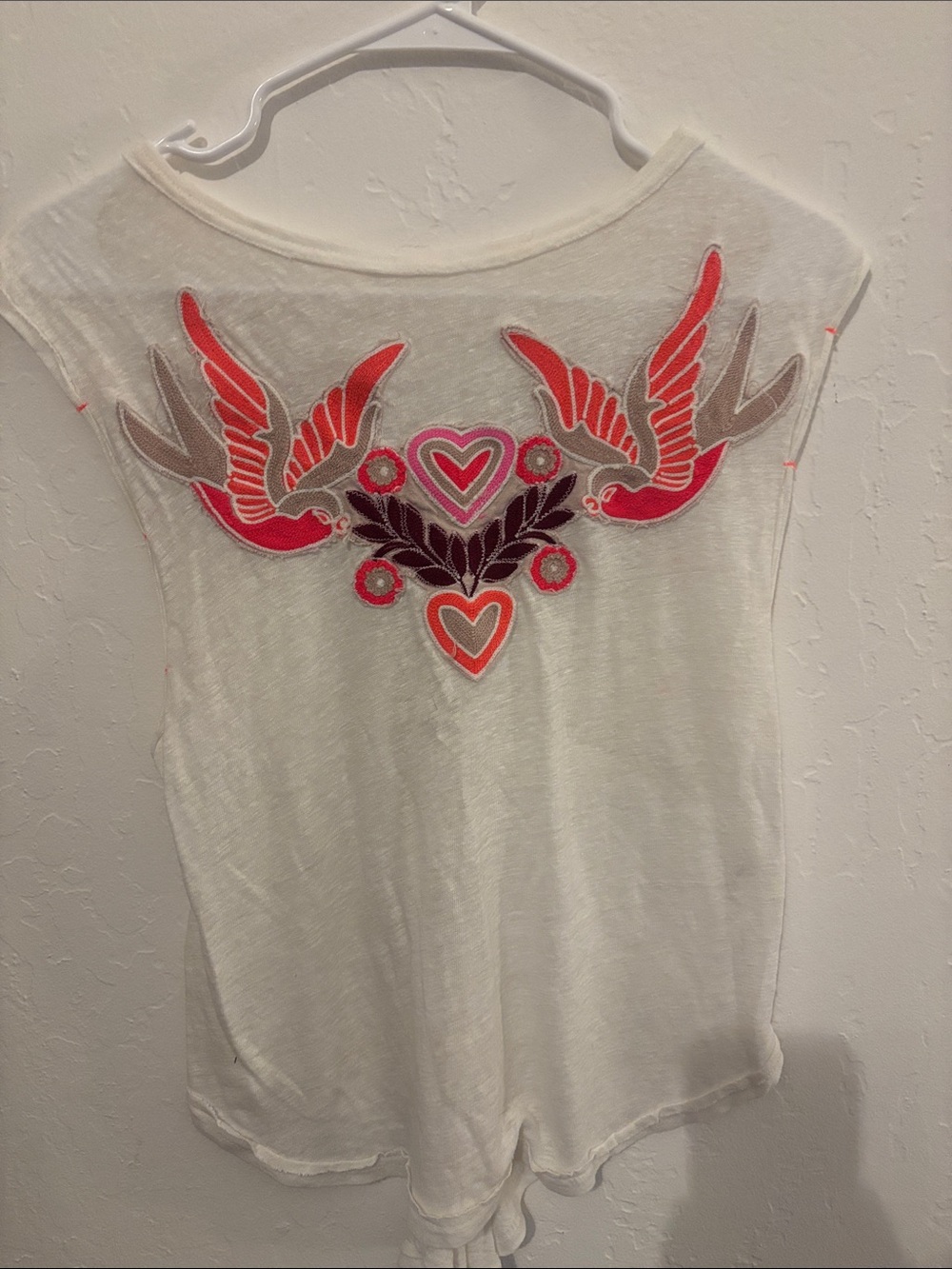 Free People White Tank with Neon Bird & Heart Embroidery